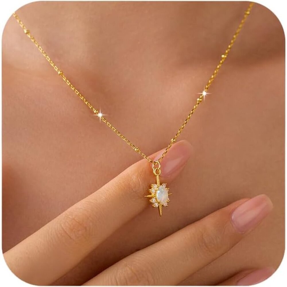 925 Silver North Star Opal Pendant Necklace for Women, 14K Gold Plated, Trendy S